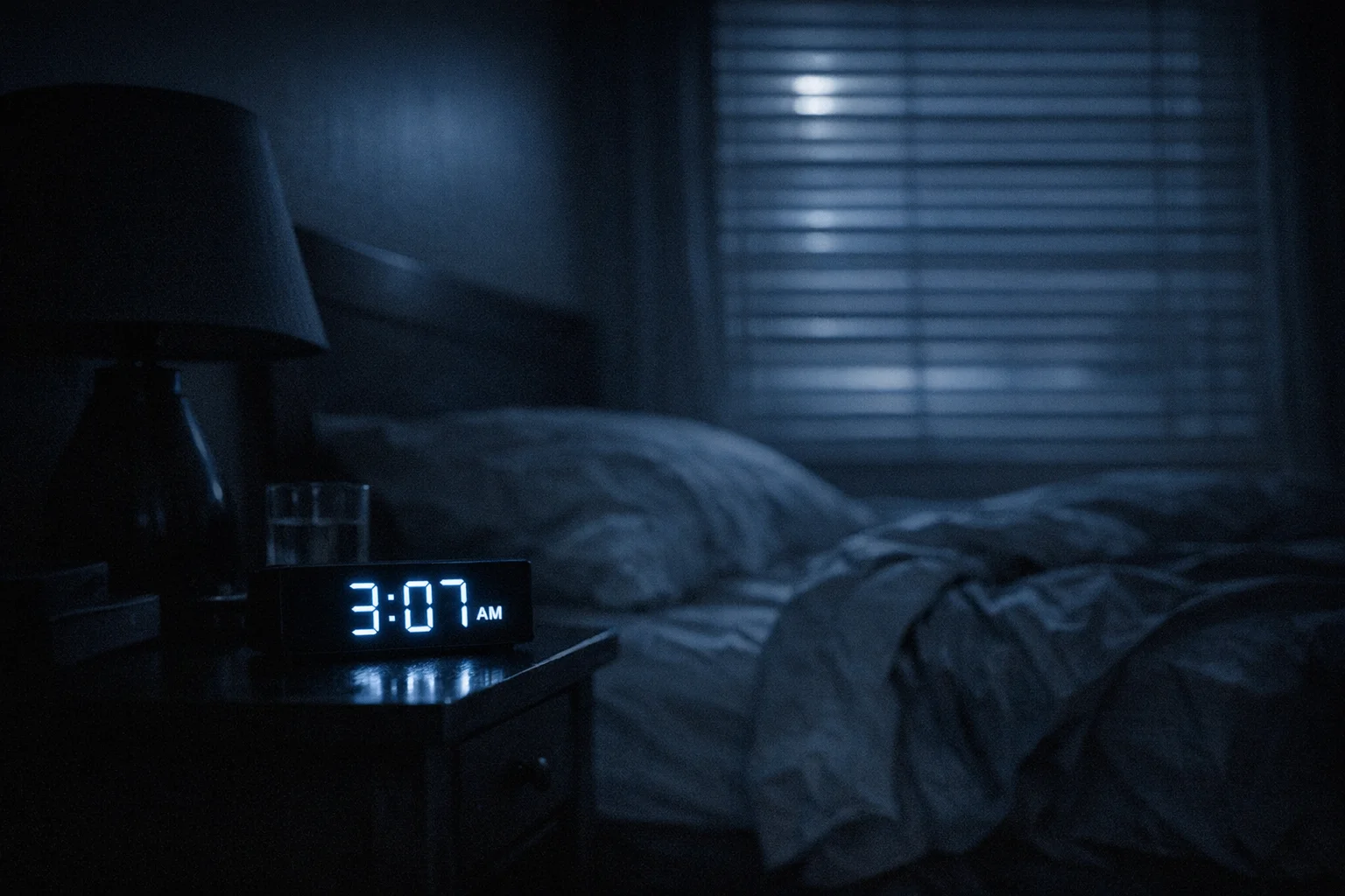 A dark bedroom with 3:07 AM glowing from a bedside clock, moonlight filtering through blinds