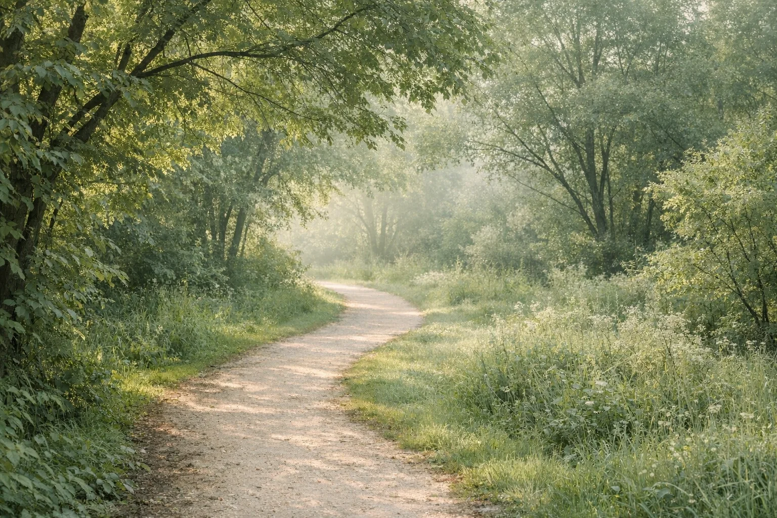 A calm morning walk path with soft green tones