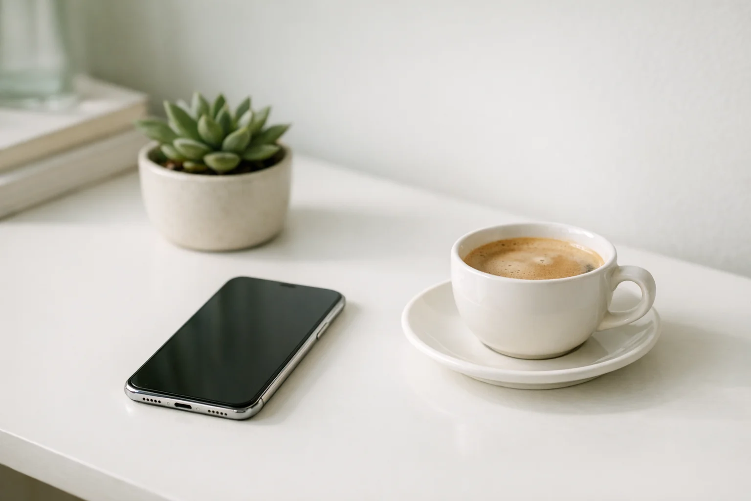 A phone on a clean desk with a plant