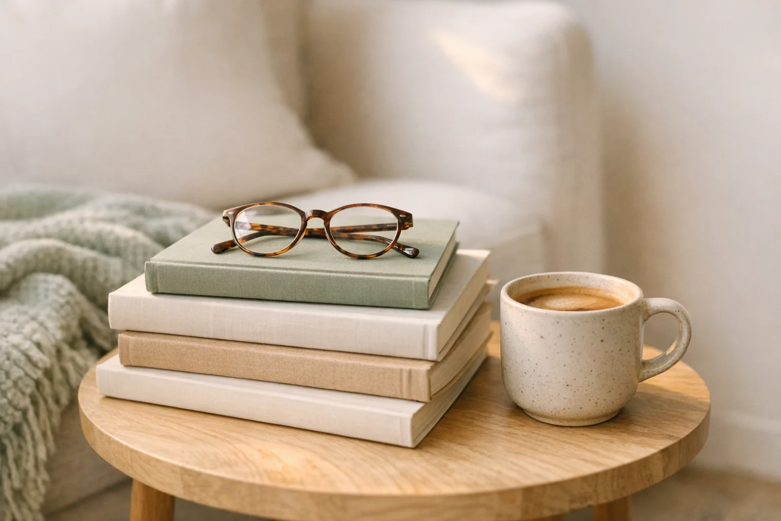 A stack of books with reading glasses and a coffee cup