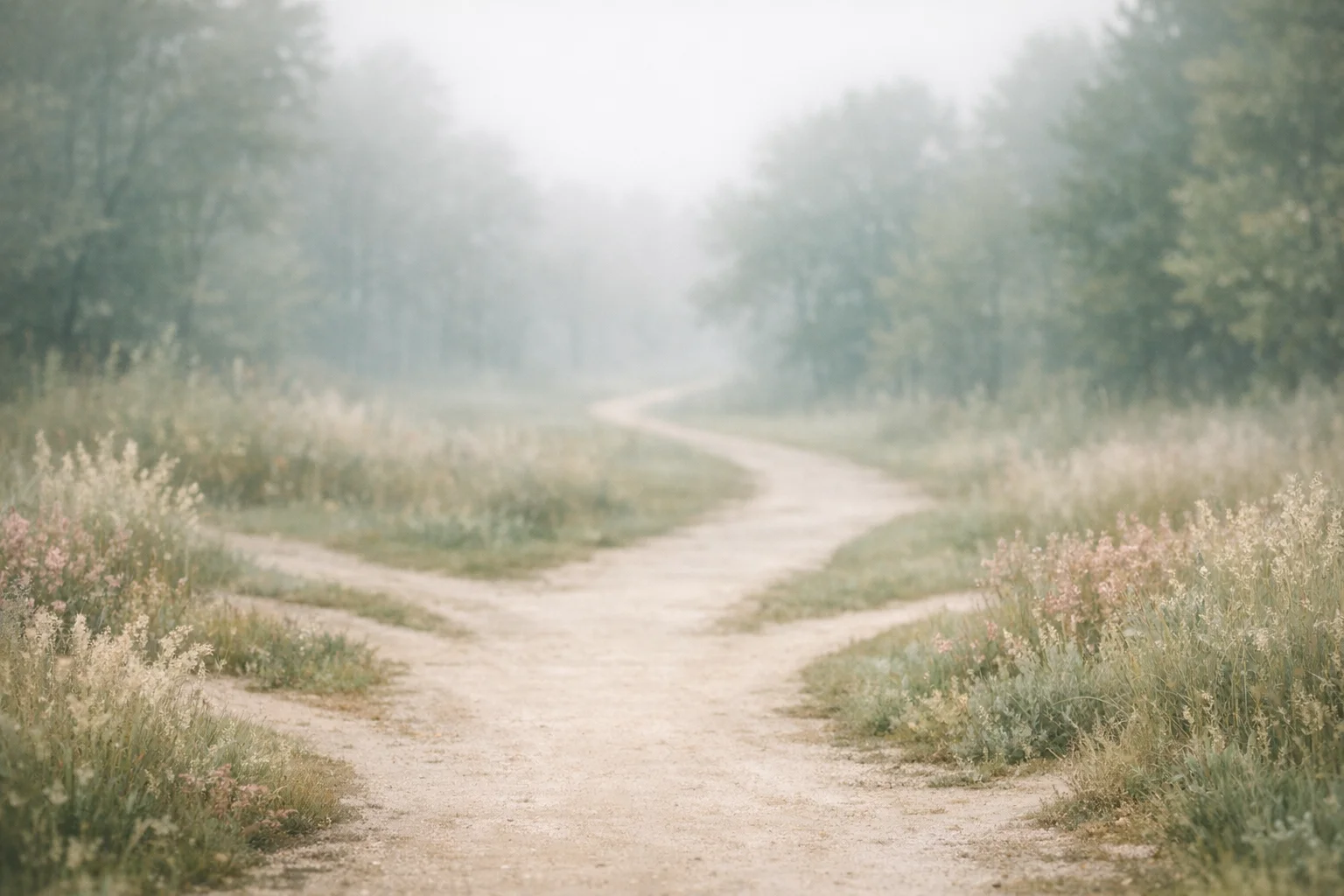 A foggy morning path winding through soft sage and rose tones, illustrating the spectrum of grey area drinking