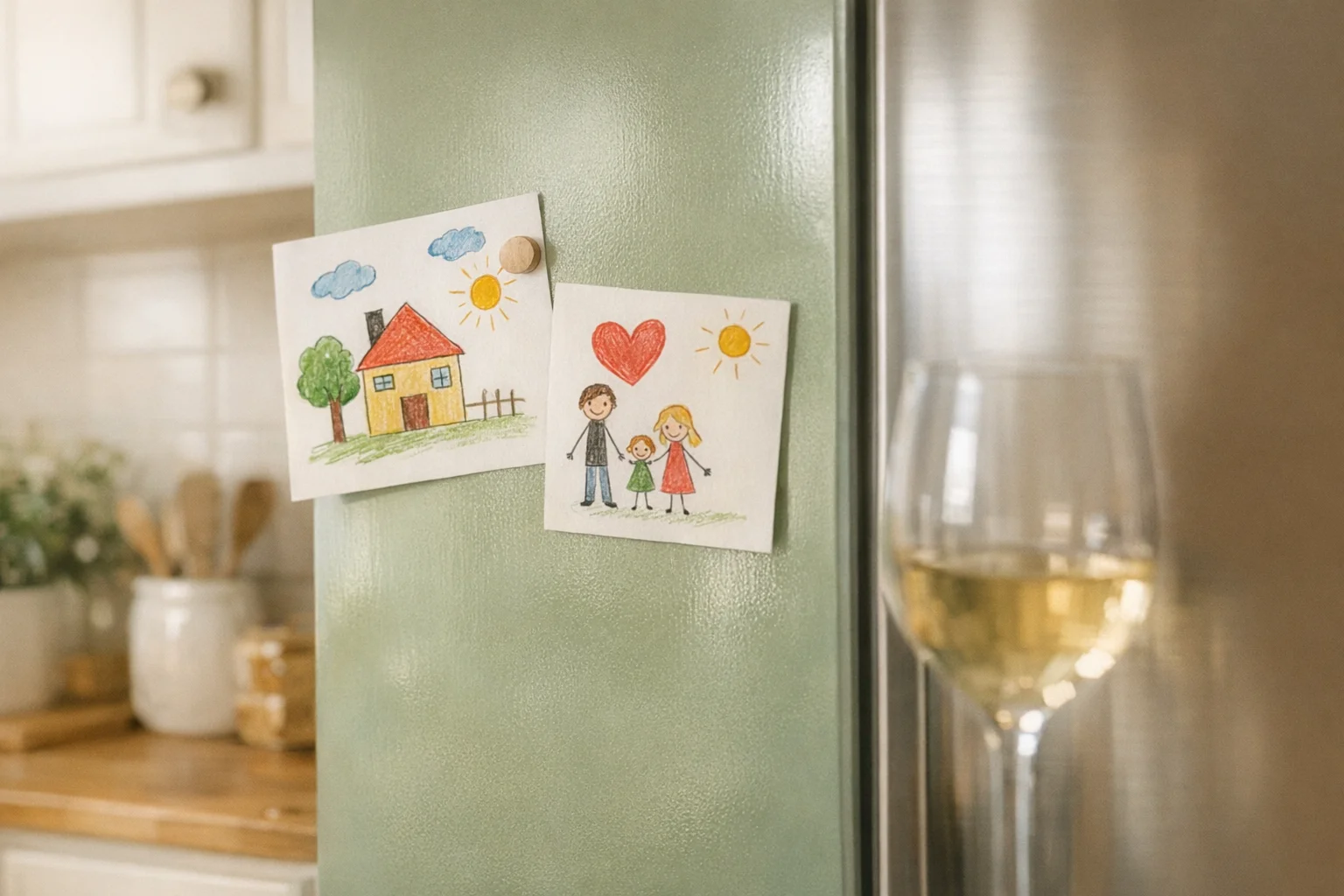 Children's drawings on a refrigerator with a half-visible wine glass reflected in the fridge door, illustrating the quiet pattern of hiding drinking from kids