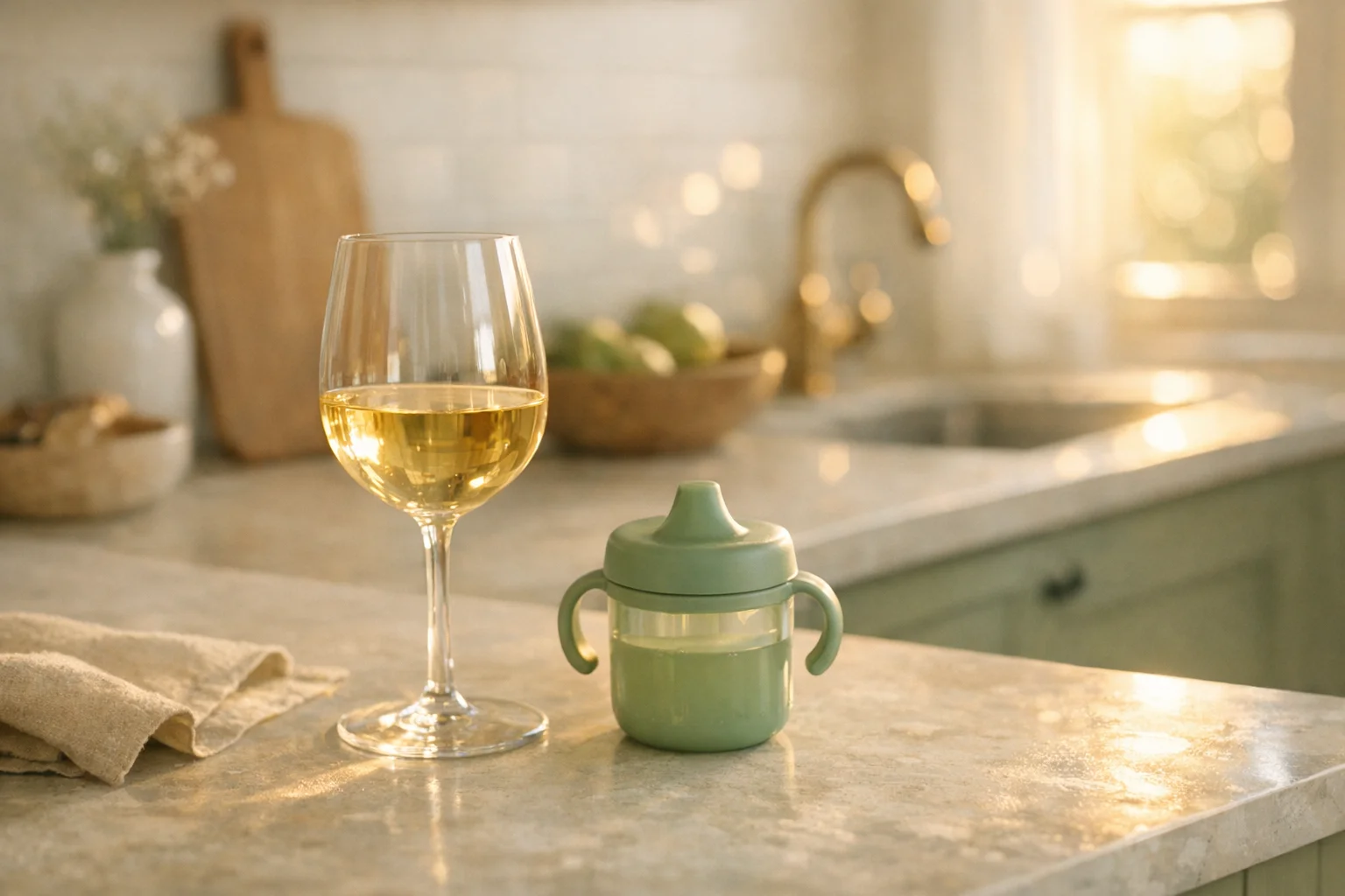 A kitchen counter at golden hour with a wine glass next to a sippy cup, illustrating the question of whether it is normal for moms to drink every night