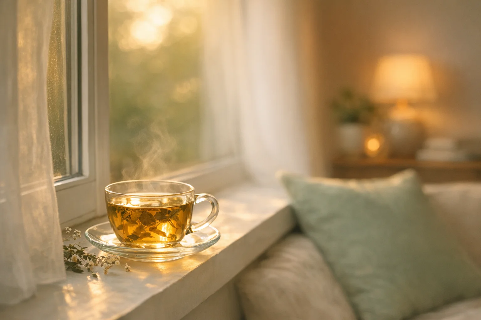 A cup of tea by a window in golden hour light