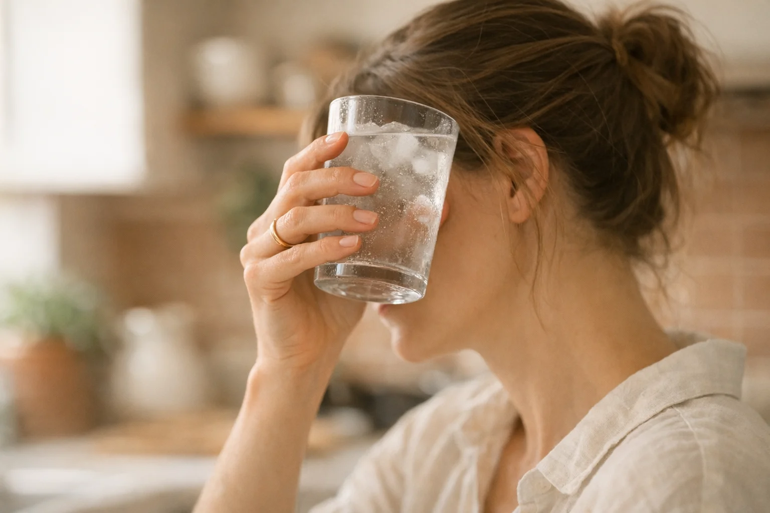 A woman's hand pressing a cold glass of water against her forehead in a warm-lit kitchen, exploring whether alcohol makes hot flashes worse
