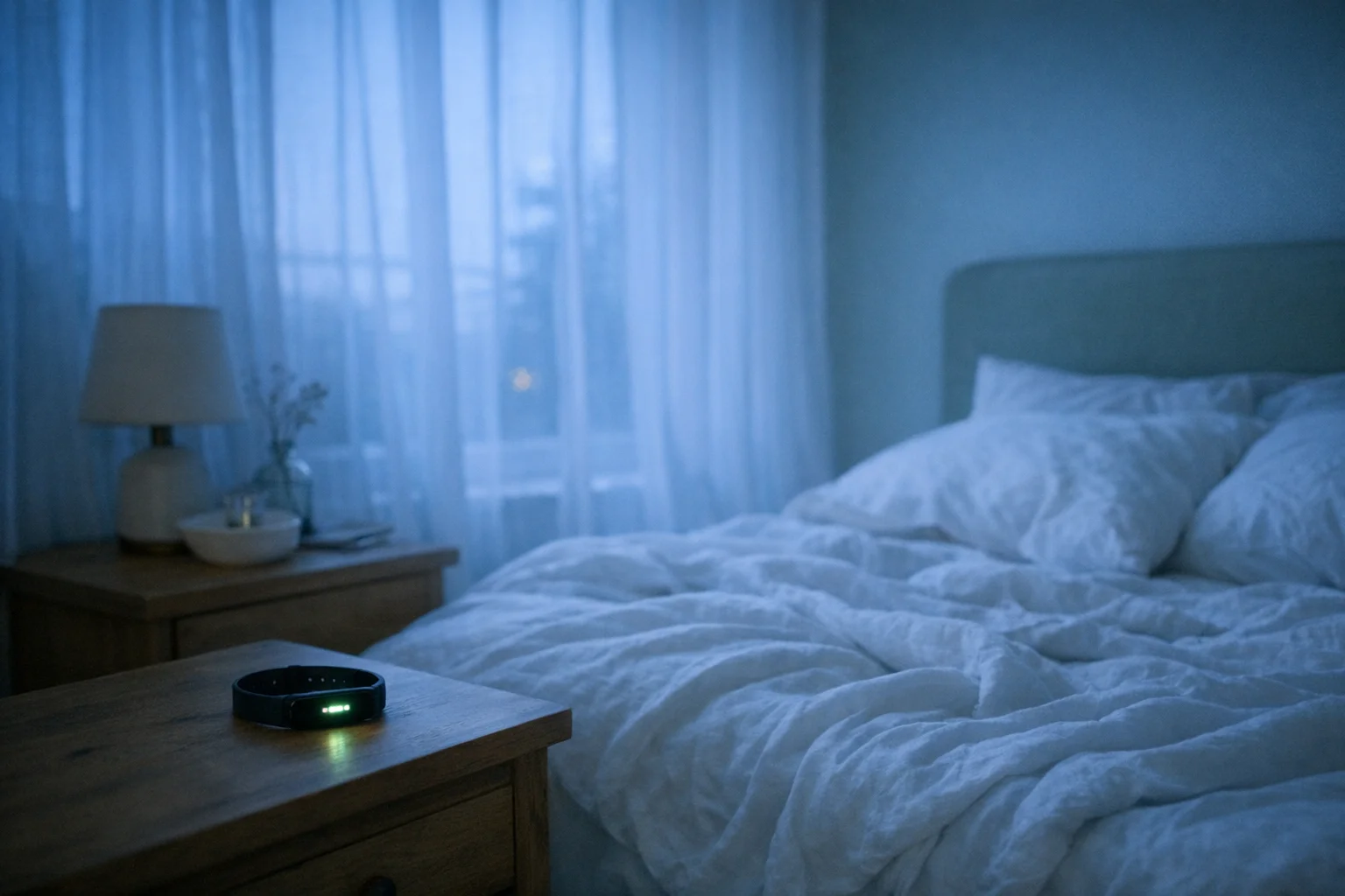 A bedroom in soft blue dawn light with a sleep tracker on the nightstand
