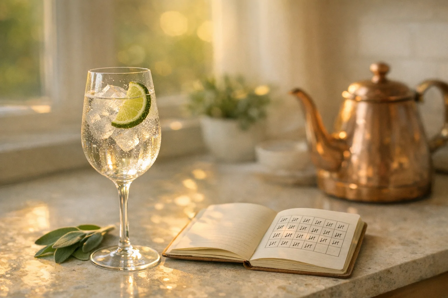 A kitchen counter at golden hour with a tall glass of sparkling water and lime beside an open notebook showing a 30-day tally, illustrating wine o'clock alternatives tested for thirty days each
