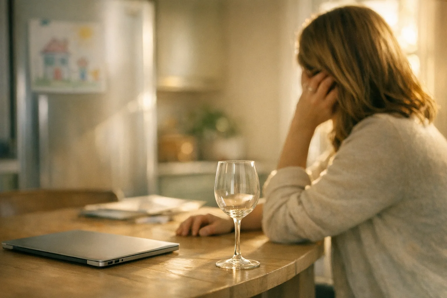 A closed laptop and an empty wine glass on a kitchen table at end of day in soft late-afternoon light, illustrating the working-mom drinking-to-cope role-switch moment